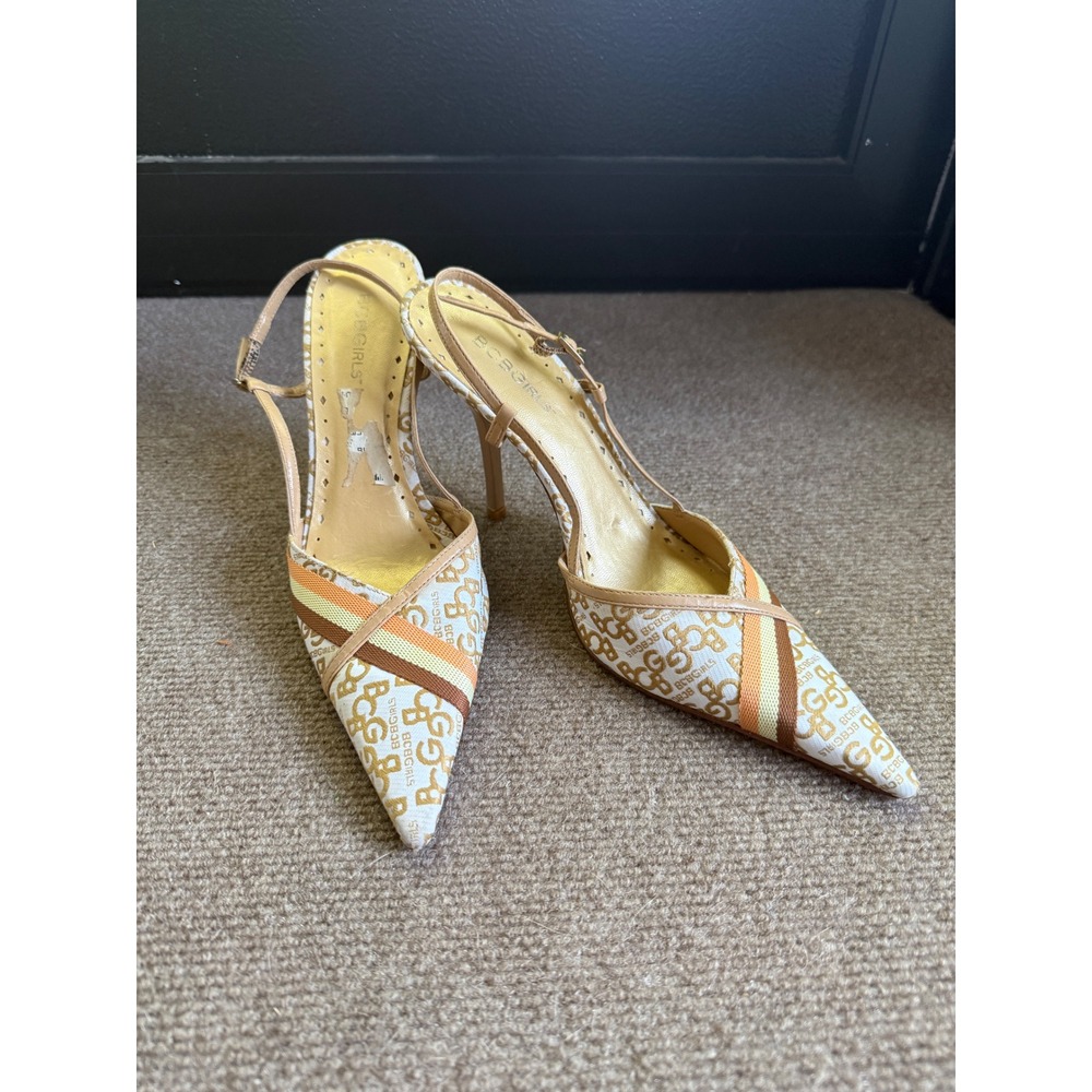 Vintage BCBGirls Y2K Monogram Slingback Heels Pointed Toe Stiletto Baddie 8.5B